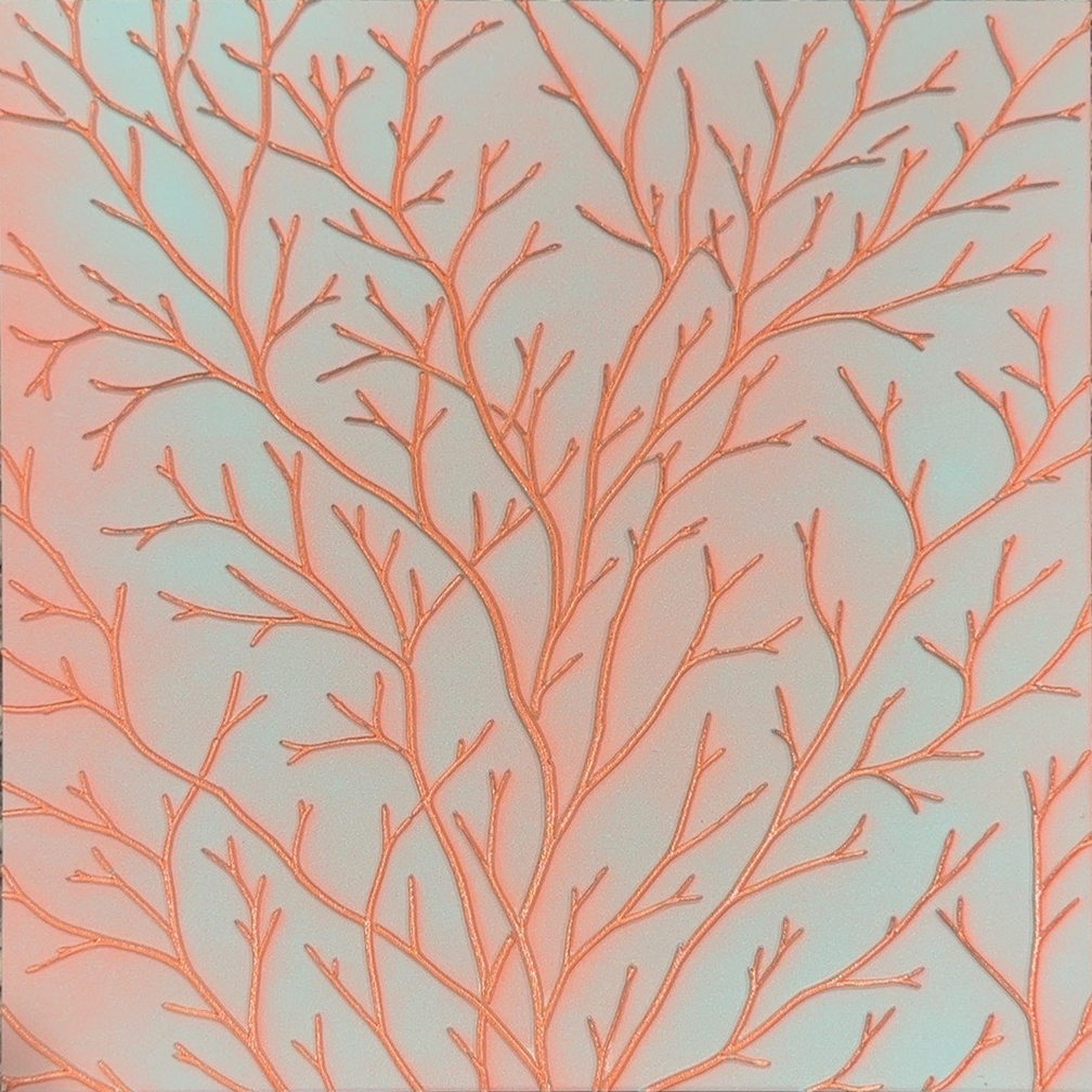 Full Botanical Relief panel with branching metallic relief over peach and light-blue tones